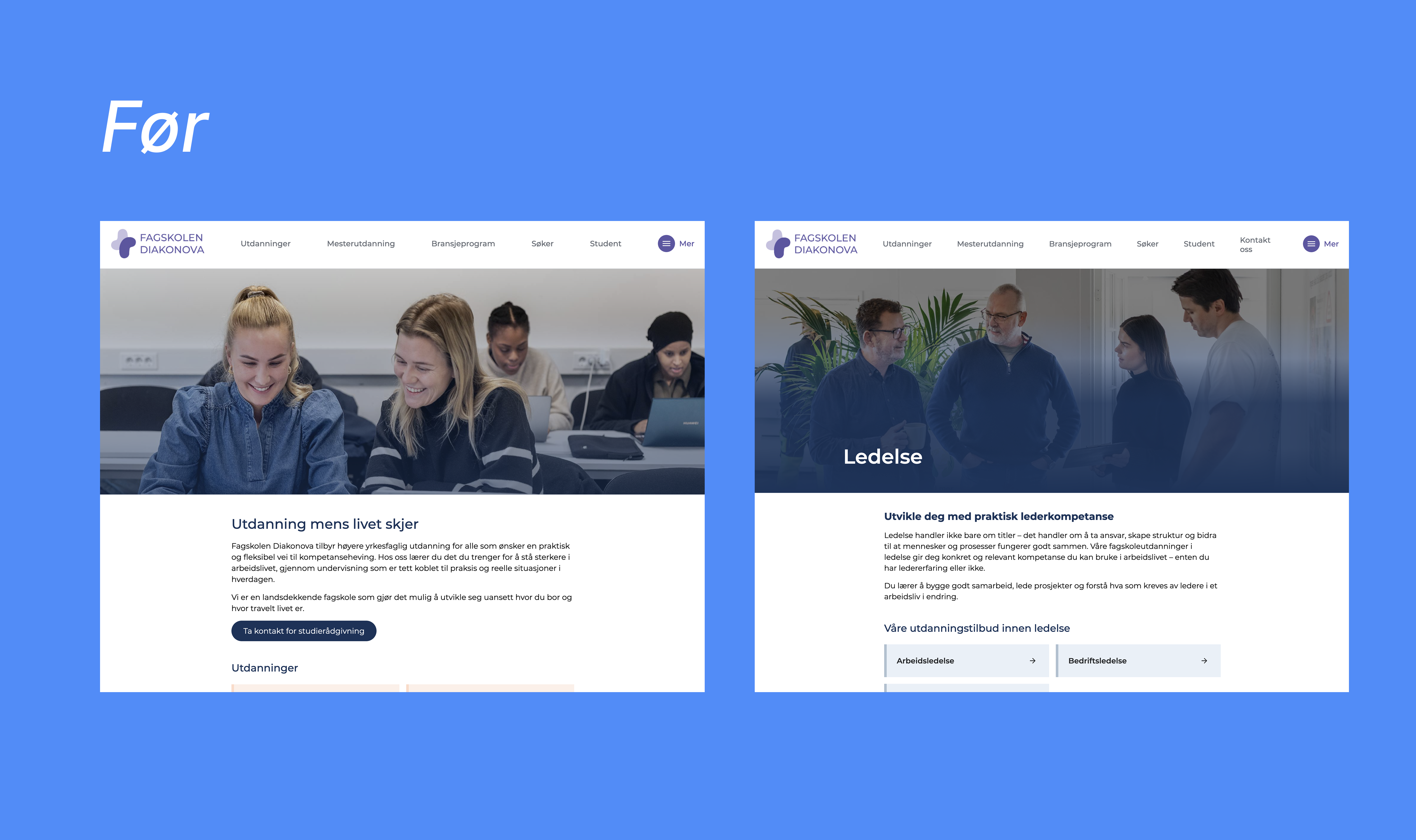 Before: old homepage and a subpage, organised around the college's own structure