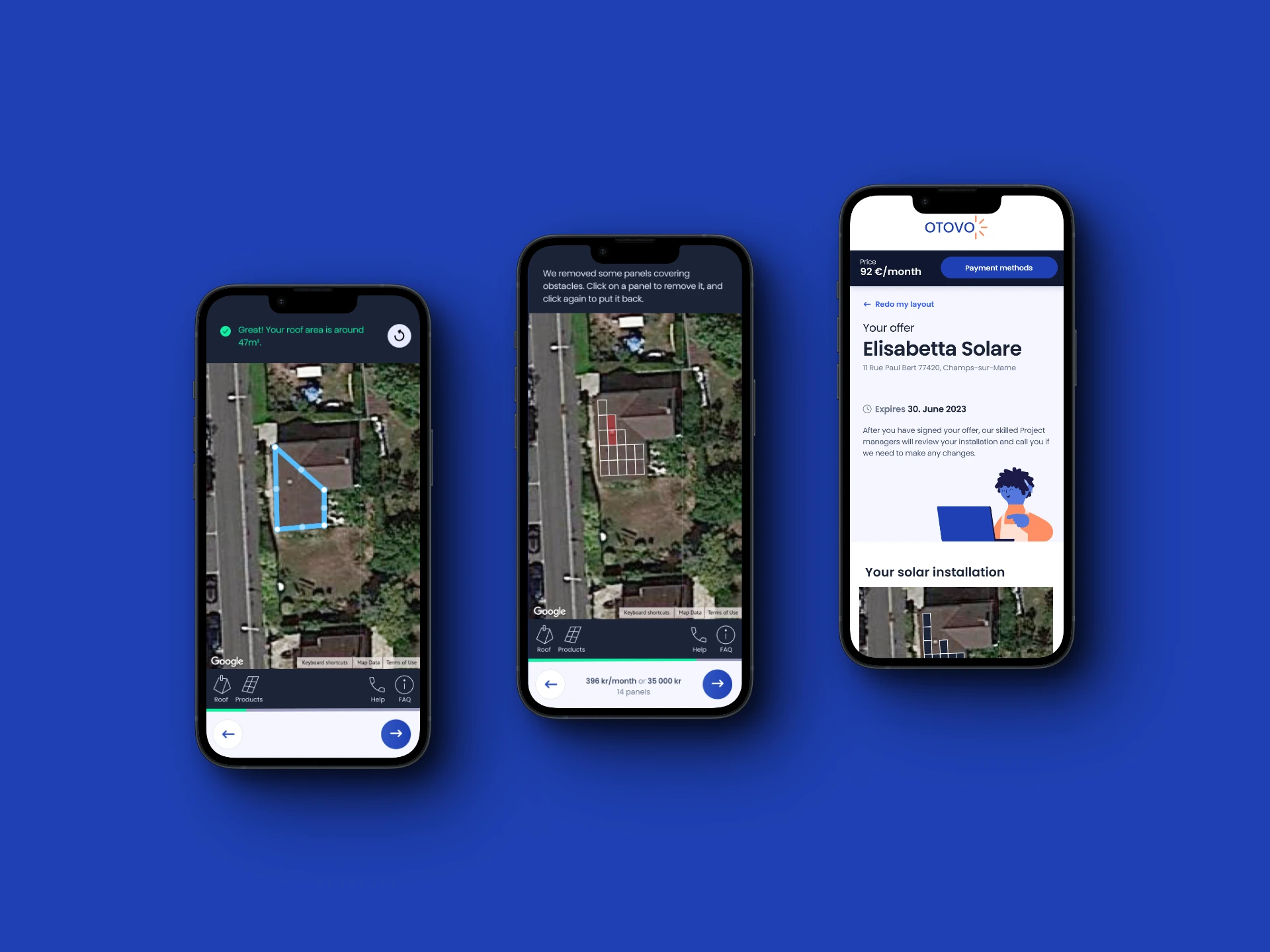 Final flow: roof drawing, panel layout and offer on mobile