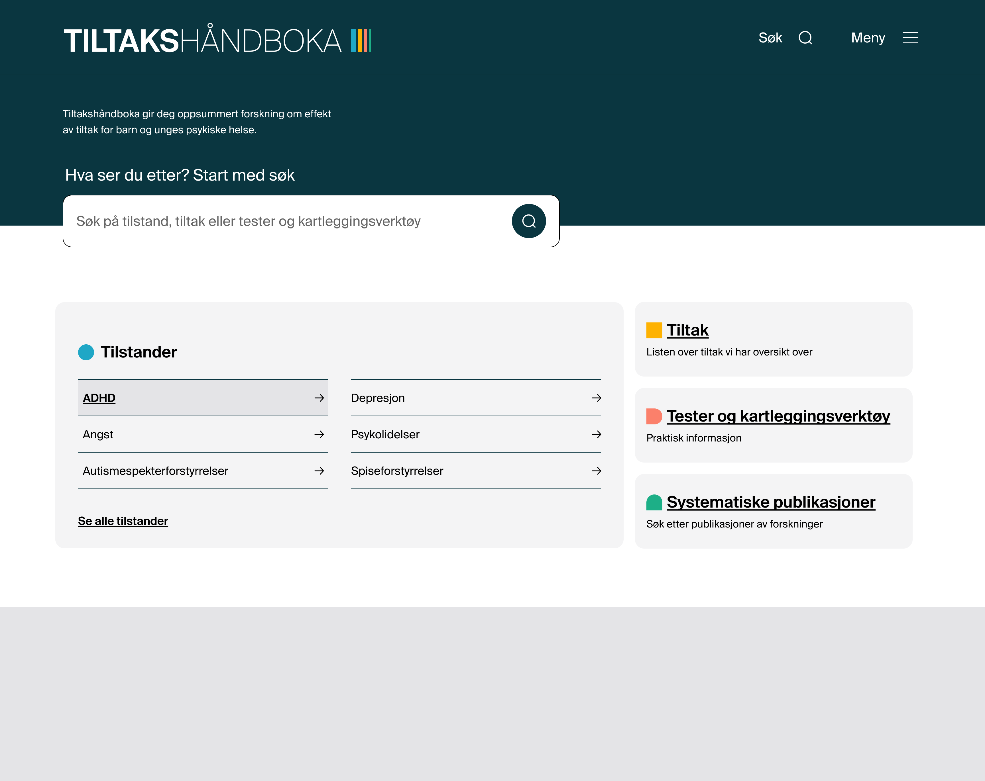 The homepage: search plus quick entry points to conditions, measures and reviews